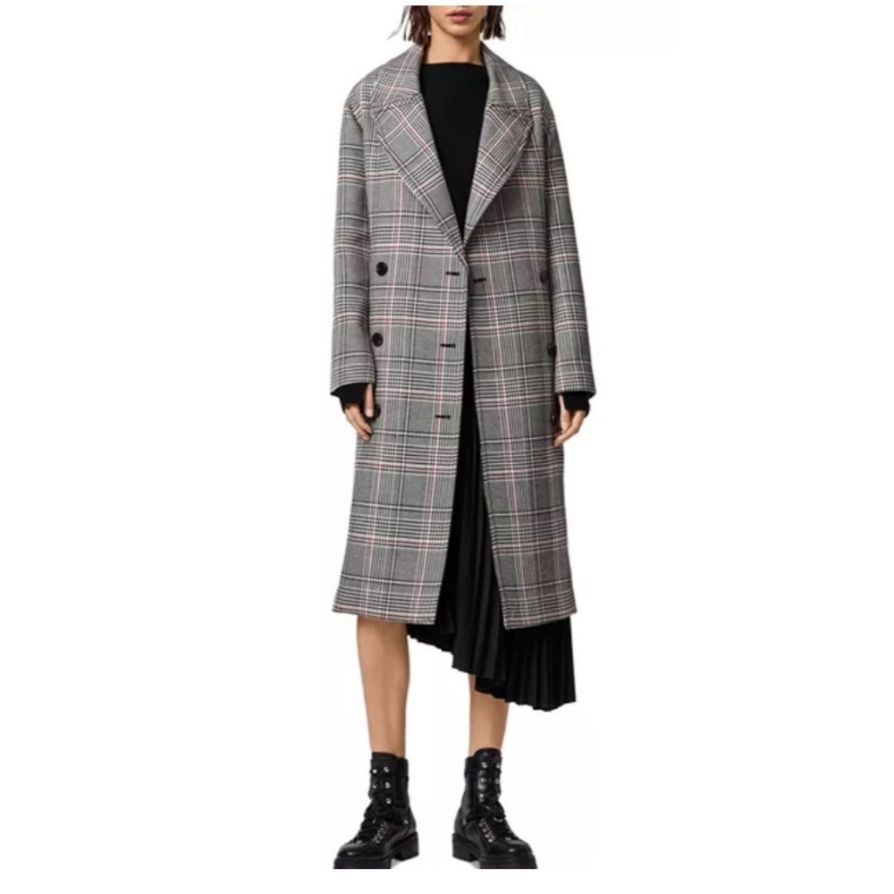 AllSaints Women's S Tyla Check Trench Coat Gray Plaid Belted Long Jacket